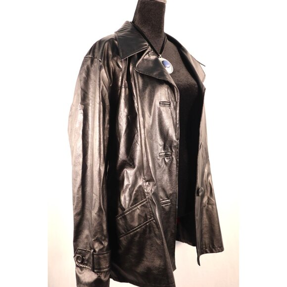 Vintage 90s Y 20K Jennyfer J Faux‎ Black Leather Trench Coat Women's Size 2X - Picture 5 of 16